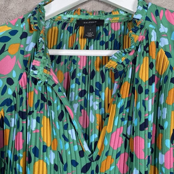 Halogen Pleated Long Sleeve Blouse S Colorful Abstract Floral Print Ruffle Neck - Picture 6 of 11